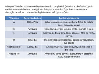 Adequar Também o consumo das vitaminas do complexo B ( niacina e riboflavina), pois
melhoram o metabolismo energético. Adequar a vitamina D, pois esta aumenta a
absorção de calcio, comumente depletado no nefropata crônico.
Vitamina Recomendações Fontes alimentares
A 700mg/dia Salsa, escarola, cenora, abobora, folha de batata
doce, brocolis e couve
C 75mg/dia Caju, kiwi, acerola, laranja, limão, mamão e salsa
E 15mg/dia Germen de trigo, amedoim, abacate, óleo de milho
e avelã
D 5mg/dia Óleo de figado de bacalhau, peixes carnes, iorgut,
ovo cozido
Riboflavina (B) 1,1mg/dia Amedoim, avelã, figado bovino, amexa seca e
brócolis
Niacina (B) 14mg/dia Amedoim, carne bovina, avelã, frango, castanha,
cajú, acelga e banana
 