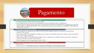 Pagamento
• Contraprestação pecuniária paga pelo poder público;
• Fontes adicionais de receitas, tais como publicidade, serviços especiais, locação e sublocação de
espaços, ingressos, dentre outros, sendo que esta remuneração adicional será atribuída 50% (cinquenta por cento) da
receita líquida à CONCESSIONÁRIA e 50% (cinquenta por cento) da receita líquida ao PODER CONCEDENTE
(Cláusula 24, item 24.3);
Remuneração do Parceiro Privado
• Valor atualizado em outubro de 2013: R$ 10.292.165,98 (dez milhões, duzentos e noventa e dois mil, cento e
sessenta e cinco reais);
• Valor mínimo: R$1.133.785.004,24 (um bilhão, cento e trinta e três milhões, setecentos e oitenta e cinco mil e quatro
reais e vinte e quatro centavos);
• Valor máximo: R$ 2.151.062.689,82 (dois bilhões, cento e cinquenta e um milhões, sessenta e dois mil e seiscentos e
oitenta e nove reais e oitenta e dois centavos);
• Início de pagamento da contraprestação: janeiro/2014;
Contraprestação Pecuniária
• Parcela Fixa;
• Parcela Variável → Calculada com base no Quadro de Indicadores de Desempenho (QID);
Composição da Contraprestação Pecuniária
 