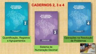 CADERNOS 2, 3 e 4
Quantificação, Registros
e Agrupamentos
Sistema de
Numeração Decimal
Operações na Resolução
de Problemas
 