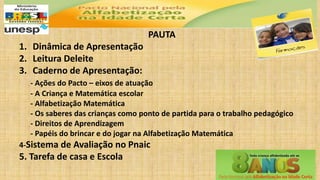 PAUTA
1. Dinâmica de Apresentação
2. Leitura Deleite
3. Caderno de Apresentação:
- Ações do Pacto – eixos de atuação
- A Criança e Matemática escolar
- Alfabetização Matemática
- Os saberes das crianças como ponto de partida para o trabalho pedagógico
- Direitos de Aprendizagem
- Papéis do brincar e do jogar na Alfabetização Matemática
4-Sistema de Avaliação no Pnaic
5. Tarefa de casa e Escola
 