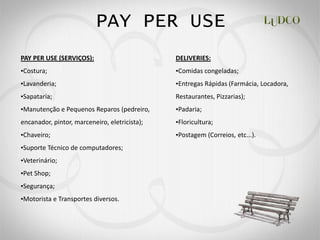 PAY PER USE
PAY PER USE (SERVIÇOS):                        DELIVERIES:
Costura;                                       Comidas congeladas;
Lavanderia;                                    Entregas Rápidas (Farmácia, Locadora,
Sapataria;                                     Restaurantes, Pizzarias);
Manutenção e Pequenos Reparos (pedreiro,       Padaria;
encanador, pintor, marceneiro, eletricista);   Floricultura;
Chaveiro;                                      Postagem (Correios, etc...).
Suporte Técnico de computadores;
Veterinário;
Pet Shop;
Segurança;
Motorista e Transportes diversos.
 