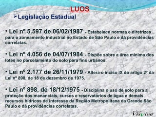 LUOS
   Legislação Estadual

• Lei nº 5.597 de 06/02/1987 - Estabelece normas e diretrizes
para o zoneamento industrial no Estado de São Paulo e dá providências
correlatas.

• Lei nº 4.056 de 04/07/1984 - Dispõe sobre a área mínima dos
lotes no parcelamento do solo para fins urbanos.

• Lei nº 2.177 de 26/11/1979 - Altera o inciso IX do artigo 2º da
Lei nº 898, de 18 de dezembro de 1975.

• Lei nº 898, de 18/12/1975 - Disciplina o uso de solo para a
proteção dos mananciais, cursos e reservatórios de água e demais
recursos hídricos de interesse da Região Metropolitana da Grande São
Paulo e dá providências correlatas.
 