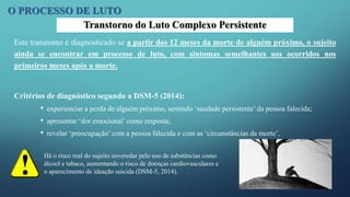 Este transtorno é diagnosticado se a partir dos 12 meses da morte de alguém próximo, o sujeito
ainda se encontrar em processo de luto, com sintomas semelhantes aos ocorridos nos
primeiros meses após a morte.
Critérios de diagnóstico segundo a DSM-5 (2014):
• experienciar a perda de alguém próximo, sentindo ‘saudade persistente’ da pessoa falecida;
• apresentar ‘dor emocional’ como resposta;
• revelar ‘preocupação’ com a pessoa falecida e com as ‘circunstâncias da morte’.
O PROCESSO DE LUTO
Transtorno do Luto Complexo Persistente
Há o risco real do sujeito enveredar pelo uso de substâncias como
álcool e tabaco, aumentando o risco de doenças cardiovasculares e
o aparecimento de ideação suicida (DSM-5, 2014).
 