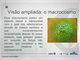 Visão ampliada: o macrocosmo
Esse macrocosmo possui um
aspecto visível e mensurável
com o qual nos relacionamos
através de nossos sentidos e
que compreendemos
racionalmente através do nosso
intelecto, mas também possui
um conjunto de forças não
visíveis, que compõem o seu
aspecto imaterial ou
suprassensível
Fonte foto: arquivos ABMA
 
