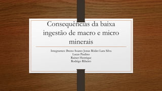 Consequências da baixa
ingestão de macro e micro
minerais
Integrantes: Breno Soares Jonas Röder Lara Silva
Lucas Paulino
Rainer Henrique
Rodrigo Ribeiro
 