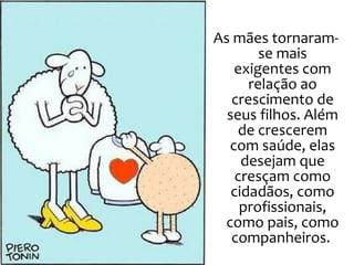 As mães tornaram-se mais exigentes com relação ao crescimento de seus filhos. Além de crescerem com saúde, elas desejam que cresçam como cidadãos, como profissionais, como pais, como companheiros.  