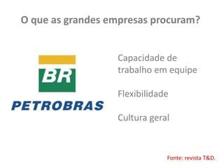  Preste atenção. Não se disperse.O que as grandes empresas procuram?Educação e boa formação familiarTrabalho em equipeFlexibilidadeFonte: revista T&D.