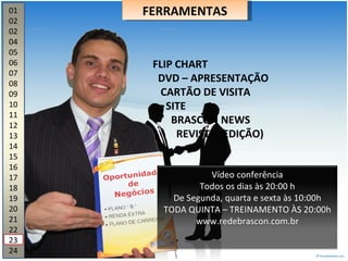 01 02 02 04 05 06 07 08 09 10 11 12 13 14 15 16 17 18 19 20 21 22 23 24 FERRAMENTAS FLIP CHART DVD – APRESENTAÇÃO CARTÃO DE VISITA SITE BRASCON NEWS REVISTA (EDIÇÃO) Vídeo conferência Todos os dias às 20:00 h De Segunda, quarta e sexta às 10:00h TODA QUINTA – TREINAMENTO ÀS 20:00h www.redebrascon.com.br 