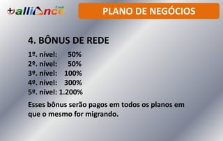 PLANO DE NEGÓCIOS
4. BÔNUS DE REDE
1º. nível: 50%
2º. nível: 50%
3º. nível: 100%
4º. nível: 300%
5º. nível: 1.200%
Esses bônus serão pagos em todos os planos em
que o mesmo for migrando.
 