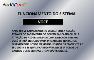 FUNCIONAMENTO DO SISTEMA
APÓS TER SE CADASTRADO NO CLUBE, FEITO A ADESÃO
ATRAVÉS DO PAGAMENTO DO BOLETO BANCÁRIO OU PELA
ATIVAÇÃO DE ALGUM AFILIADO COM SALDO DO SISTEMA,
VOCÊ ESTARÁ LIBERADO PARA INICIAR SEUS TRABALHOS,
FILIANDO DOIS NOVOS MEMBROS LIGADOS DIRETAMENTE AO
SEU LOGIN E SE QUALIFICANDO PARA RECEBER TODOS OS
GANHOS QUE O SISTEMA LHE PROPORCIONARÁ.
VOCÊ
 