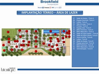 IMPLANTAÇÃO TÉRREO – ÁREA DE LAZERPort cocherePulmão / GuaritaBangalô de leituraLounge externoQuadra de street ballQuadra de squashEspaço aventuraQuadra GramadaPraça GourmetForno de PizzaChurrasqueiraPraça de chegadaPraça das águasEspaço LuauPiscina Adulto com solariumPiscina InfantilSolariumPlaygroundSpaRelax saunaDuchasSaunaBWC FemininoBWC MasculinoEspaço dos SaboresLounge descansoSalão de festas – Torre AEspaço Gourmet– Torre ALobby– Torre ASala de yoga– Torre AFitness– Torre AEspaço kids– Torre ABWC Feminino– Torre ABWC Masculino– Torre ASalão de jogos adulto – Torre BSalão de jogos infantil- Torre BHome cinema– Torre BLobby– Torre BSalão de festas– Torre BEspaço gourmet– Torre BBWC Feminino– Torre BBWC Masculino– Torre BAdministração– Torre B10111415192282021179232413161873312323441424328364031627303537382293925342651