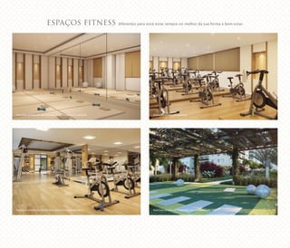 ESPAÇOS FITNESS diferentes para você estar sempre no melhor da sua forma e bem-estar.
Ilustração artística da Sala Multiuso (Yoga e Ginástica Localizada)
Ilustração artística da Sala de Musculação e Circuito Aeróbico
Ilustração artística do Spinning
Ilustração artística do Pergolado com Ginástica ao Ar Livre
 