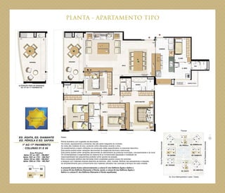 PLANTA - APARTAMENTO TIPO
ED. ÁGATA, ED. DIAMANTE
ED. PÉROLA E ED. SAFIRA
1º AO 17º PAVIMENTO
COLUNAS 01 E 04
Área Privativa
Aptos 101 ao 1401 - 166,36m2
Aptos 1501 ao 1701 - 169,78m2
Aptos 104 ao 1404 - 166,34m2
Aptos 1504 ao 1704 - 169,76m2
Notas:
Planta ilustrativa com sugestão de decoração.
Os móveis, equipamentos e divisórias não são parte integrante do contrato.
As cotas são medidas de eixo, podendo sofrer alterações durante a obra.
Os revestimentos a serem utilizados na construção estão especificados no memorial descritivo.
Esta planta poderá sofrer variações decorrentes de exigências técnicas e estruturais.
Esta planta poderá sofrer variações decorrentes do atendimento às posturas municipais, concessionárias e do local.
Os condensadores e evaporadores do sistema de ar condicionado (aquisição e instalação de
responsabilidade dos adquirentes) poderão sofrer ajustes de posição.
Para composição estética das fachadas foram projetadas guarda-corpos de varandas
e terraços com materiais diversos (barrinha de alumínio, vidro, mureta). Verificar nas perspectivas e maquete
do empreendimento para conhecimento dos materiais utilizados nas varandas e terraços de cada unidade.
A presente planta ilustra referencialmente a coluna 01 dos Edifícios Ágata e Safira e
a coluna 04 dos Edifícios Diamante e Pérola, sendo a coluna 04 dos Edifícios Ágata e
Safira e a coluna 01 dos Edifícios Diamante e Pérola espelhadas.
Parque
Av. Eixo Metropolitano Leste / Oeste
ViadePedestresArborizada
ViadePedestresArborizada
ALTERAÇÃO PARA AS VARANDAS
DO 15º AO 17º PAVIMENTOS
 