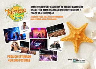 PÚBLICO ESTIMADO
450.000 PESSOAS APOIO:
OFERECE SHOWS DE CANTORES DE RENOME DA MÚSICA
BRASILEIRA, ALÉM DE ARENAS DE ENTRETENIMENTO E
PRAÇA DE ALIMENTAÇÃO
ATIVAÇÃO: PALCO, ÁREA DE ENTRETENIMENTO,
ÁREA EXTERNA, MÍDIA/ VEICULAÇÃO
Claudia Leite
Fernando e Sorocaba
Naldo
 