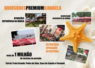 QUIOSQUES ILHABELAPREMIUM
mais de 1 MILHÃO
de turistas no período
ATIVAÇÕES
EXPERIÊNCIA DA MARCA
ESTRATÉGIA
OPERAÇÃO
ESTRUTURA
Curral, Praia Grande, Pedra do Sino, Saco da Capela e Perequê.
DEGUSTAÇÃO
INCREMENTO DE VENDAS
 