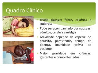  Tríade clássica: febre, calafrios e
sudorese
 Pode ser acompanhado por náuseas,
vômitos, cefaléia e mialgia
 Gravidade depende da espécie do
parasito, parasitemia, tempo de
doença, imunidade prévia do
paciente
 Maior gravidade em crianças,
gestantes e primoinfectados
Quadro Clínico
 