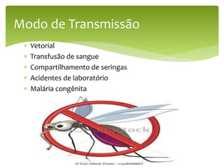  Vetorial
 Transfusão de sangue
 Compartilhamento de seringas
 Acidentes de laboratório
 Malária congênita
Modo de Transmissão
 