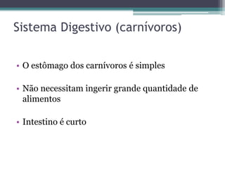 Sistema Digestivo (carnívoros)
• O estômago dos carnívoros é simples
• Não necessitam ingerir grande quantidade de
alimentos
• Intestino é curto
 