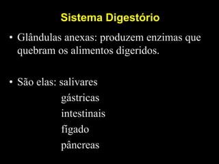 Sistema Digestório
• Glândulas anexas: produzem enzimas que
quebram os alimentos digeridos.
• São elas: salivares
gástricas
intestinais
fígado
pâncreas
 
