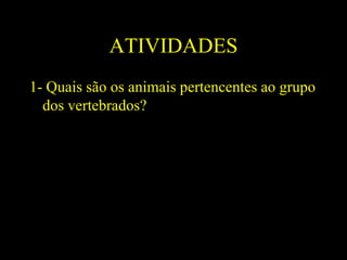 ATIVIDADES
1- Quais são os animais pertencentes ao grupo
  dos vertebrados?
 