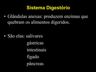 Sistema Digestório
• Glândulas anexas: produzem enzimas que
  quebram os alimentos digeridos.

• São elas: salivares
            gástricas
            intestinais
            fígado
            pâncreas
 