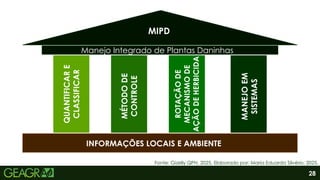 28
MIPD
Manejo Integrado de Plantas Daninhas
QUANTIFICAR
E
CLASSIFICAR
MÉTODO
DE
CONTROLE
ROTAÇÃO
DE
MECANISMO
DE
AÇÃO
DE
HERBICIDA
MANEJO
EM
SISTEMAS
INFORMAÇÕES LOCAIS E AMBIENTE
Fonte: Gizelly QPH, 2025. Elaborado por: Maria Eduarda Silvério, 2025.
 