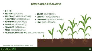 38
Elaborado por: Maria Eduarda Silvério, 2025.
DESSECAÇÃO PRÉ-PLANTIO
• 2,4 – D;
• REGLONE (DIQUAT);
• AURORA (CARFENTRAZONA);
• FLUMYZIN (FLUMIOXAZINA);
• ROUNDUP (GLIFOSATO);
• FINALE (GLUFOSINATO);
• PRIMOLEO (ATRAZINA);
• APICE (TERBUTILAZINA);
• NICOSULFUROM 750 WG (NICOSULFURON);
• SELECT (CLETODIM)*;
• VERDICT (HALOXIFOPE)*;
• TARGAMAX (QUIZALOFOPE)*;
• HEAT (SAFLUFENACIL).
 