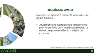 54
Fonte: Syngenta, 2021. Elaborado por: Mikaela Tavares, 2024.
RESISTÊNCIA SIMPLES
Quando um biótipo é resistente apenas a um
grupo químico.
• Atualmente no Cerrado não há nenhuma
planta daninha com resistência simples, se
evoluíram para resistência múltipla ou
cruzada.
 