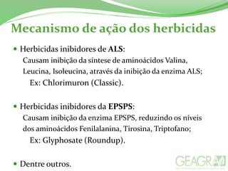 Mecanismo de ação dos herbicidas
 Herbicidas inibidores de ALS:
Causam inibição da síntese de aminoácidos Valina,
Leucina, Isoleucina, através da inibição da enzima ALS;
Ex: Chlorimuron (Classic).
 Herbicidas inibidores da EPSPS:
Causam inibição da enzima EPSPS, reduzindo os níveis
dos aminoácidos Fenilalanina, Tirosina, Triptofano;
Ex: Glyphosate (Roundup).
 Dentre outros.
 