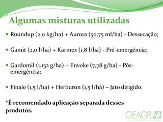 Algumas misturas utilizadas
 Roundup (2,0 kg/ha) + Aurora (50,75 ml/ha) - Dessecação;
 Gamit (2,0 l/ha) + Karmex (1,8 l/ha) - Pré-emergência;
 Gardomil (1.152 g/ha) + Envoke (7,78 g/ha) - Pós-
emergência;
 Finale (1,5 l/ha) + Herburon (1,5 l/há) – Jato dirigido.
*É recomendado aplicação separada desses
produtos.
 