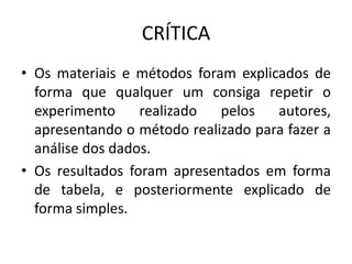 CRÍTICA
• Os materiais e métodos foram explicados de
forma que qualquer um consiga repetir o
experimento realizado pelos autores,
apresentando o método realizado para fazer a
análise dos dados.
• Os resultados foram apresentados em forma
de tabela, e posteriormente explicado de
forma simples.
 