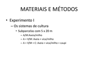 MATERIAIS E MÉTODOS
• Experimento I
– Os sistemas de cultura
• Subparcelas com 5 x 20 m
– A/M:Aveia/milho
– A + V/M: Aveia + vica/milho
– A + V/M + C: Aveia + vica/milho + caupi
 