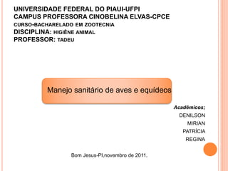 UNIVERSIDADE FEDERAL DO PIAUI-UFPI
CAMPUS PROFESSORA CINOBELINA ELVAS-CPCE
CURSO-BACHARELADO EM ZOOTECNIA
DISCIPLINA: HIGIÊNE ANIMAL
PROFESSOR: TADEU
Manejo sanitário de aves e equídeos
Acadêmicos;
DENILSON
MIRIAN
PATRÍCIA
REGINA
Bom Jesus-PI,novembro de 2011.
 