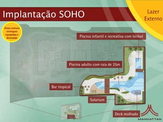 Implantação SOHO                                                             Lazer
                                                                            Externo
Áreas comuns
  entregues
 equipadas e
  decoradas                     Piscina infantil e recreativa com biribol




                          Piscina adulto com raia de 25m




               Bar tropical


                                      Solarium


                                                      Deck molhado
 