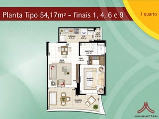 Planta Tipo 54,17m² - finais 1, 4, 6 e 9   1 quarto
 