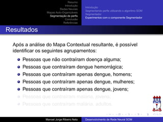 Resumo
Introduc¸ ˜ao
Redes Neurais
Mapas Auto-Organiz´aveis
Segmentac¸ ˜ao de perﬁs
Conclus˜ao
Referˆencias
Introduc¸ ˜ao
Segmentando perﬁs utilizando o algoritmo SOM
Segmentador
Experimentos com o componente Segmentador
Resultados
Ap´os a an´alise do Mapa Contextual resultante, ´e poss´ıvel
identiﬁcar os seguintes agrupamentos:
Pessoas que n˜ao contra´ıram doenc¸a alguma;
Pessoas que contra´ıram dengue hemorr´agica;
Pessoas que contra´ıram apenas dengue, homens;
Pessoas que contra´ıram apenas dengue, mulheres;
Pessoas que contra´ıram apenas dengue, jovens;
Pessoas que contra´ıram mal´aria, jovens;
Pessoas que contra´ıram mal´aria, adultos.
Manoel Jorge Ribeiro Neto Desenvolvimento de Rede Neural SOM
 