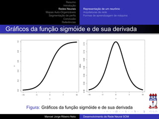 Resumo
Introduc¸ ˜ao
Redes Neurais
Mapas Auto-Organiz´aveis
Segmentac¸ ˜ao de perﬁs
Conclus˜ao
Referˆencias
Representac¸ ˜ao de um neurˆonio
Arquiteturas de rede
Formas de aprendizagem de m´aquina
Gr´aﬁcos da func¸ ˜ao sigm´oide e de sua derivada
Figura: Gr´aﬁcos da func¸ ˜ao sigm´oide e de sua derivada
Manoel Jorge Ribeiro Neto Desenvolvimento de Rede Neural SOM
 