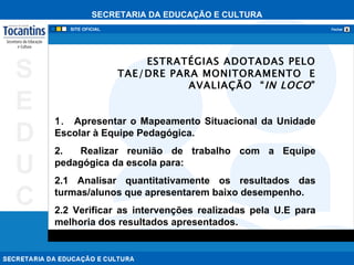                      ESTRATÉGIAS ADOTADAS PELO TAE/DRE PARA MONITORAMENTO  E AVALIAÇÃO  “ IN LOCO ”   1.  Apresentar o Mapeamento Situacional da Unidade Escolar à Equipe Pedagógica. 2.  Realizar reunião de trabalho com a Equipe pedagógica da escola para: 2.1 Analisar quantitativamente os resultados das turmas/alunos que apresentarem baixo desempenho.  2.2 Verificar as intervenções realizadas pela U.E para melhoria dos resultados apresentados. 