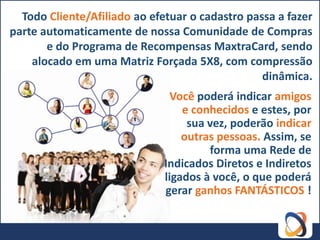 Todo Cliente/Afiliado ao efetuar o cadastro passa a fazer
parte automaticamente de nossa Comunidade de Compras
       e do Programa de Recompensas MaxtraCard, sendo
    alocado em uma Matriz Forçada 5X8, com compressão
                                                 dinâmica.
                                Você poderá indicar amigos
                                  e conhecidos e estes, por
                                   sua vez, poderão indicar
                                  outras pessoas. Assim, se
                                       forma uma Rede de
                              Indicados Diretos e Indiretos
                              ligados à você, o que poderá
                              gerar ganhos FANTÁSTICOS !
 