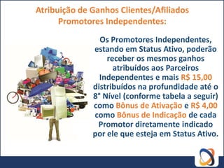 Atribuição de Ganhos Clientes/Afiliados
      Promotores Independentes:
                Os Promotores Independentes,
              estando em Status Ativo, poderão
                  receber os mesmos ganhos
                    atribuídos aos Parceiros
                Independentes e mais R$ 15,00
              distribuídos na profundidade até o
              8° Nível (conforme tabela a seguir)
              como Bônus de Ativação e R$ 4,00
              como Bônus de Indicação de cada
               Promotor diretamente indicado
              por ele que esteja em Status Ativo.
 