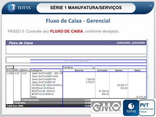 SÉRIE 1 MANUFATURA/SERVIÇOS

14

Fluxo de Caixa - Gerencial
PASSO 5: Consulte seu FLUXO DE CAIXA, conforme desejado.

14

 