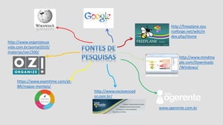 www.ogerente.com.br
http://www.organizesua
vida.com.br/portal2010/
materias/ver/200/
https://www.examtime.com/pt-
BR/mapas-mentais/
http://www.vocevenced
or.com.br/
http://freeplane.sou
rceforge.net/wiki/in
dex.php/Home
http://www.mindma
ple.com/Downloads
/Windows/
 