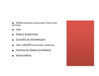 !   SITES (EMPRESAS, RODOVIÁRIA, PREFEITURA,
BHTRANS)

!   TÁXI

!   ÔNIBUS MUNICIPAIS

!   GUICHÊS DE INFORMAÇÃO

!   CALL-CENTER (RODOVIÁRIA, EMPRESAS)

!   PONTOS DE ÔNIBUS EXTERNOS

!   RODOVIÁRIAS
 