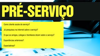 Como cliente soube do serviço?
Já pesquisou na internet sobre o serviço?
O que os amigos, colegas e familiares dizem sobre o serviço?
Experiências anteriores?
Expectativas?
 