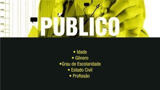 • Idade
• Gênero
•Grau de Escolaridade
• Estado Civil
• Profissão
 