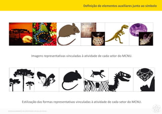 Definição de elementos auxiliares junto ao símbolo




                          Imagens representativas vinculadas à atividade de cada setor do MCNU.




               Estilização das formas representativas vinculadas à atividade de cada setor do MCNU.

DESENVOLVIMENTO DA IDENTIDADE VISUAL DO MCNU
 