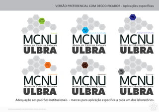 VERSÃO PREFERENCIAL COM DECODIFICADOR - Aplicações específicas




                                                   Botânica                    Zoologia de Invertebrados                Zoologia de Vertebrados




                  Museu de Ciências Naturais                       Museu de Ciências Naturais              Museu de Ciências Naturais




                                               Paleontologia                                Arqueologia                             Mineralogia




                  Museu de Ciências Naturais                       Museu de Ciências Naturais              Museu de Ciências Naturais




        Adequação aos padrões institucionais - marcas para aplicação específica a cada um dos laboratórios.

DESENVOLVIMENTO DA IDENTIDADE VISUAL DO MCNU
 