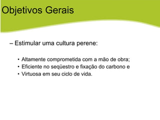 Estimular uma cultura perene: Altamente comprometida com a mão de obra; Eficiente no seqüestro e fixação do carbono e  Virtuosa em seu ciclo de vida. Objetivos Gerais 