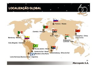 LOCALIZAÇÃO GLOBAL




                                                                     Pavlovo - Rússia




                                 Coimbra - Portugal


                                                              Suez - Egito                        Changzhou - China
Monterrey - México                                                                                (componentes)

                                                                                Dharwad &
                                                                                Lucknow - Índia
Cota (Bogotá) - Colômbia



                                    Rio de Janeiro - Brasil

                                    Caxias do Sul - Brasil
                                                              Johannesburg - África do Sul
                                    (Planalto & Ana Rech)

  Loma Hermosa (Buenos Aires) - Argentina

                                                                                                                  13
 