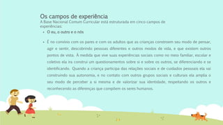 Os campos de experiência
A Base Nacional Comum Curricular está estruturada em cinco campos de
experiências:
 O eu, o outro e o nós
 É no convívio com os pares e com os adultos que as crianças constroem seu modo de pensar,
agir e sentir, descobrindo pessoas diferentes e outros modos de vida, e que existem outros
pontos de vista. À medida que vive suas experiências sociais como no meio familiar, escolar e
coletivo ela ira construi um questionamentos sobre si e sobre os outros, se diferenciando e se
identificando. Quando a criança participa das relações sociais e de cuidados pessoais ela vai
construindo sua autonomia, e no contato com outros grupos sociais e culturais ela amplia o
seu modo de perceber a si mesma e de valorizar sua identidade, respeitando os outros e
reconhecendo as diferenças que compõem os seres humanos.
 
